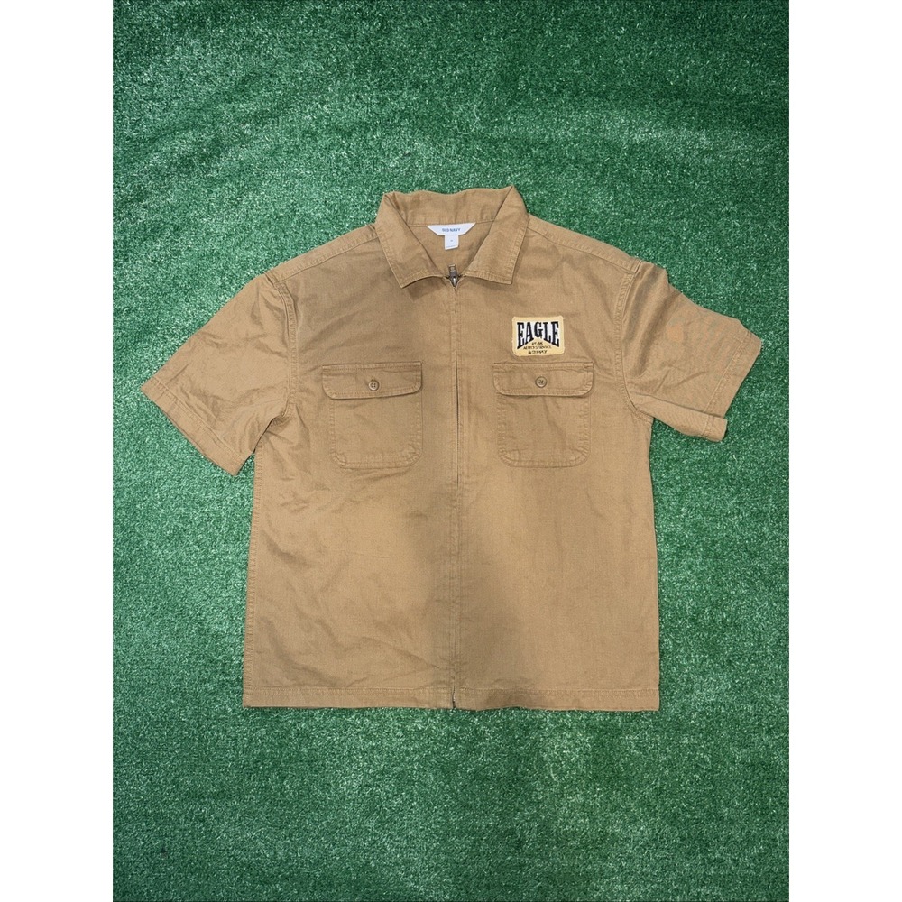 Old Navy Brown Tan Short Sleeve Moto Zip Shirt Men's‎ Medium